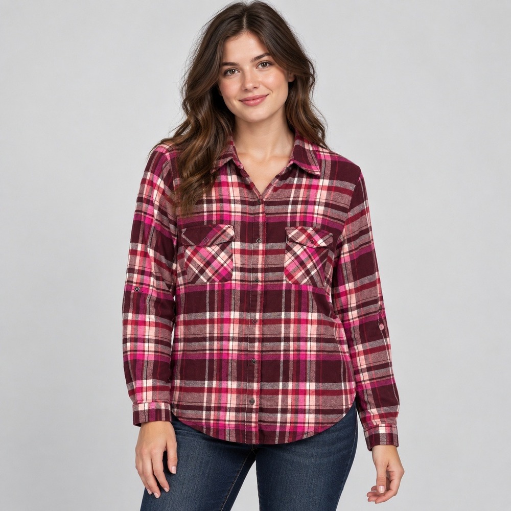 No Boundaries Womens Pink Burgundy Plaid Snap Front Flannel Shirt Large 11-13